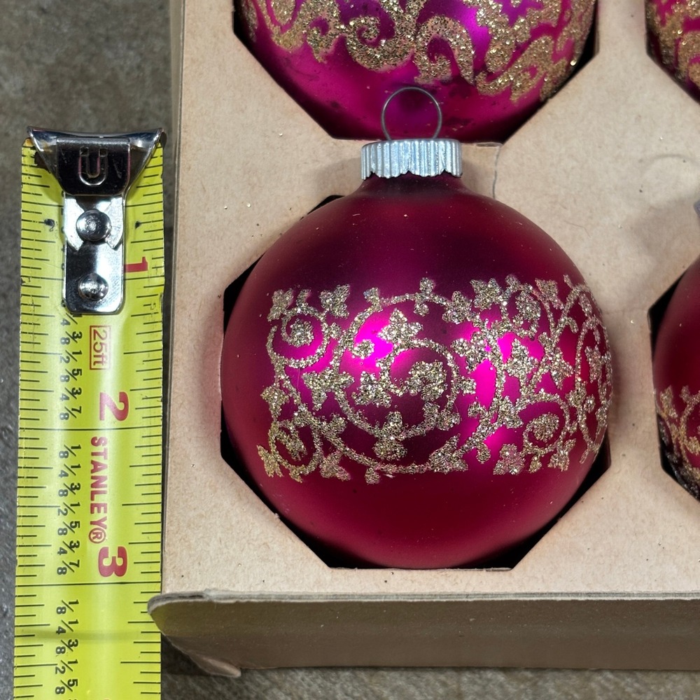Shiny Brite Vintage Christmas Ornaments Fuchsia Pink Gold Glitter Stenciled 12ct - Picture 8 of 9